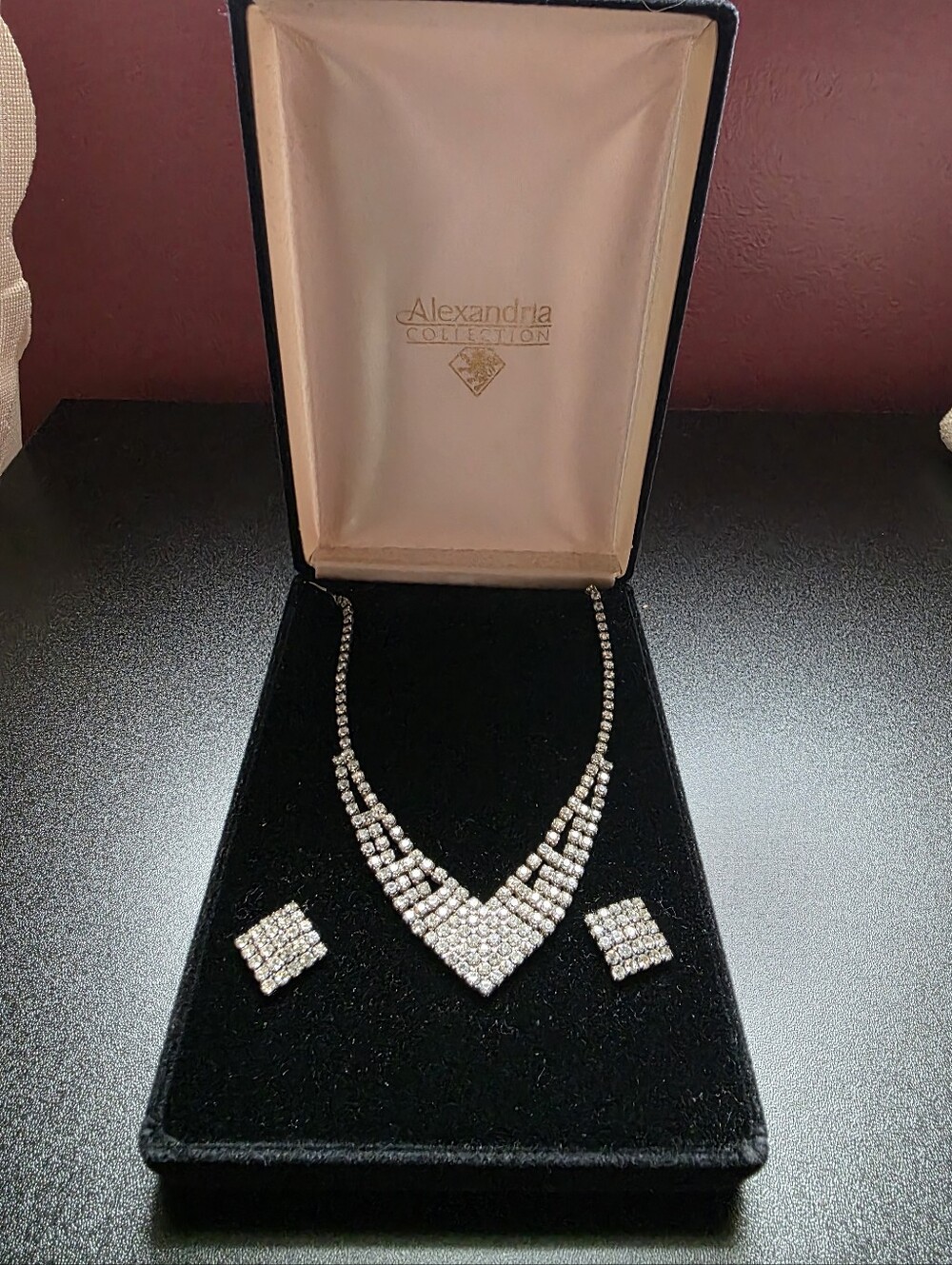 Alexandria Collection Vintage Rhinestone Necklace and Earrings Set Silver Tone